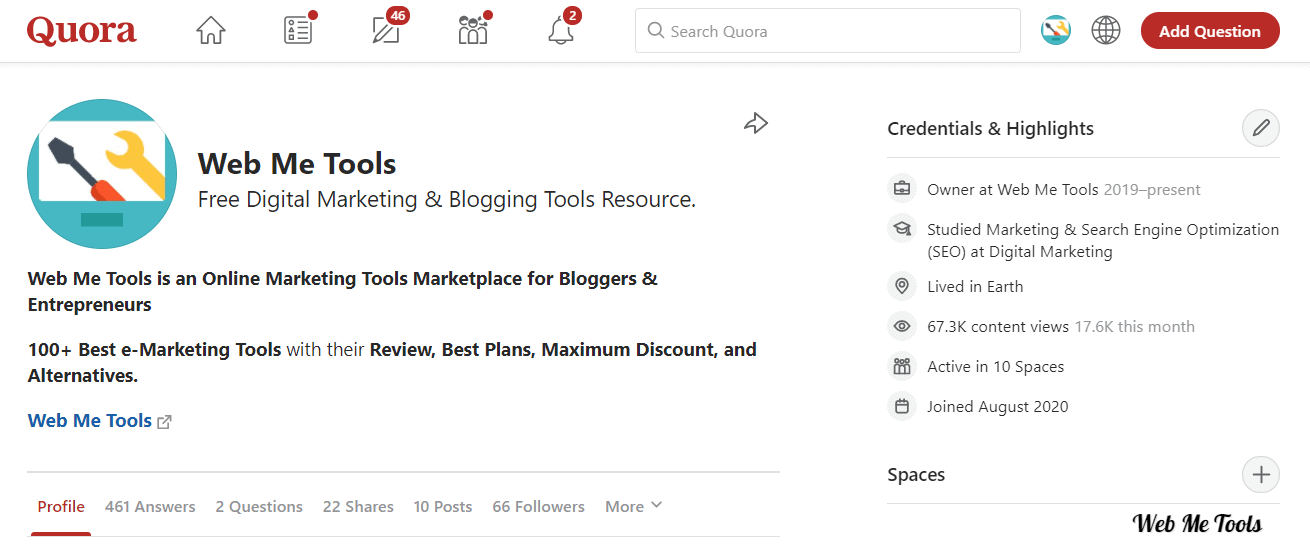 Web Me Tools Quora Profile Profile Creation on SItes