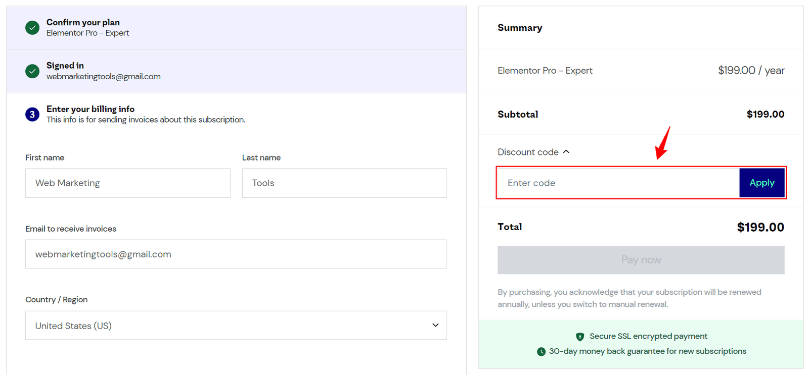 Checkout Page Elementor Expert Plan Enter the Elementor Discount Code on the Checkout Page