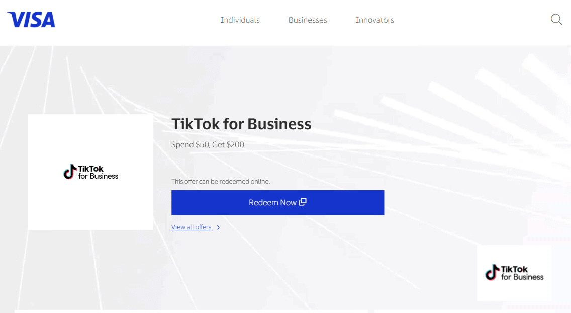 Tiktok ad credit offer on Visa Tiktok ad credit offer on Visa